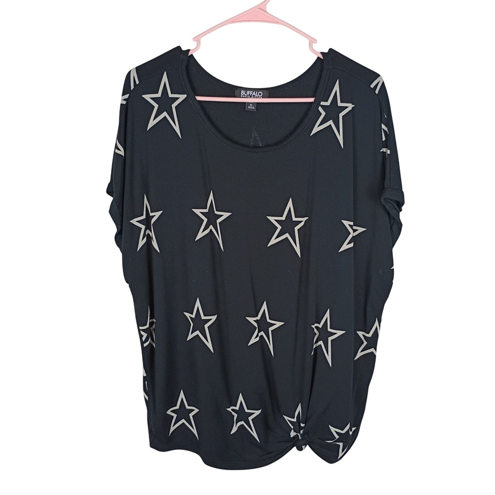 Buffalo David Bitton Womens XL Black Star Print Side Knot Short Sleeve Top